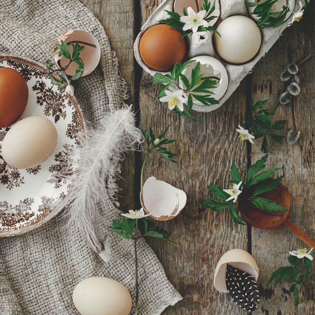 ostara traditions - eggs in a carton and eggs on a plate with feathers on a rustic table